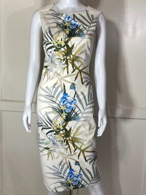 TED BAKER Loua Twilight Floral Sheath Midi Dress Ivory Blue Green Sz 6 US ($295)